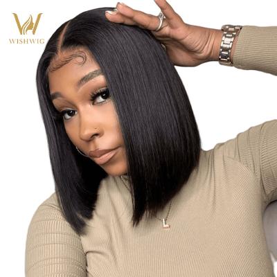 China Wholesale Wishwig Raw Virgin Brazilian Hair 13X4 Straight Lace Front Full HD Transparent Bob Wig Pre Plucked Lace Wig 150% Density for sale