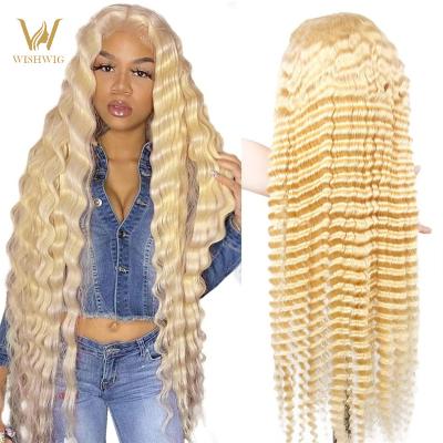 China French Blonde 613 Remy Natural Peruvian Grade 10A Bob Bang Curly Blonde Curly 30 Inch Raw Lace Front 40 Inch Women Hair Wigs for sale