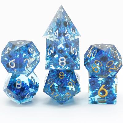 China Polyhedral Dice Set Wholesale 7pcs Custom Logo Gemstone Resin Dice Translucent Crystal Blue Dungeons And Dragons Game Table Dice Set Pointed Dnd Resin Dice Set for sale