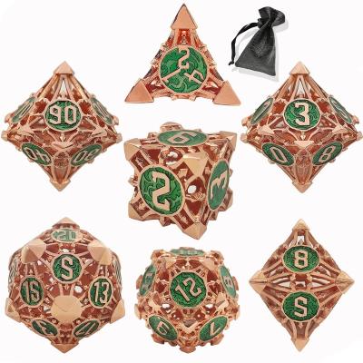 China Polyhedral Dies Set 7pcs To Bulk Wholesale Custom Polyhedral Logo 19mm Dies Green Dungeons And Dragons Role Playing Game Table RPG Die Cuts Dnd Metal Dies Set for sale