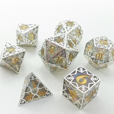 China Polyhedral Dies Set Wholesale 7pcs Custom Engraved Polyhedral Logo Black Brass Frame Resin Dies Role Playing Game Table Dice Set Pointed Dnd Resin Dies for sale