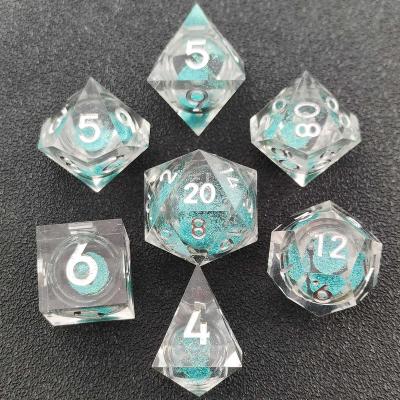 China Polyhedral Dice Set Bulk Wholesale Custom 7pcs Black Clear Gem Polyhedral Rune Role Playing Tabletop Gaming RPG 16mm Dice Set Pointed DND Resin Dice Set for sale