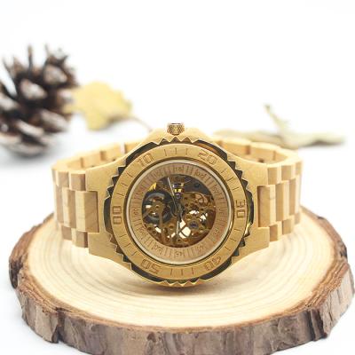 China odm eco-friendly Logo Mechanical Automatic Watch transparent natural wood of the day/date hot style wooden men's watch for sale