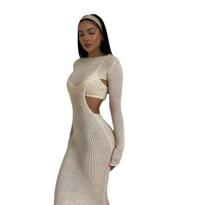 China Anti-Static Women's Sexy Long Sleeve Solid Hollow Out Maxi Dress for sale