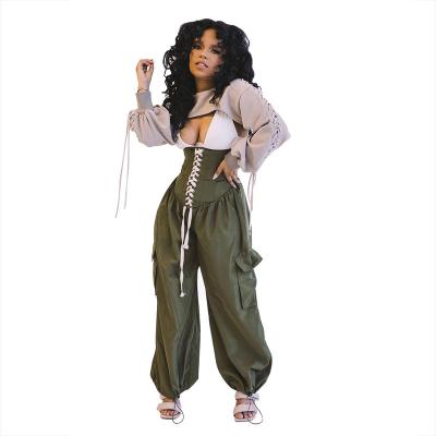 China Anti-Wrinkle Drop Shipping Women's Clothing Wholesale Fashion Wide Leg Pants High Waist Lace Up Corn-Eye Strap Women Cargo Pants for sale