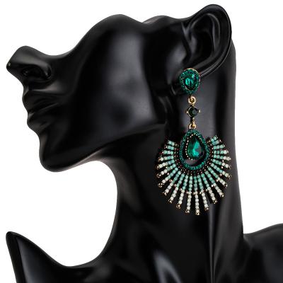 China Vintage Gold Plated Bling Long Hollow Geometric Fan Crystal Rhinestone Drop Earrings for sale