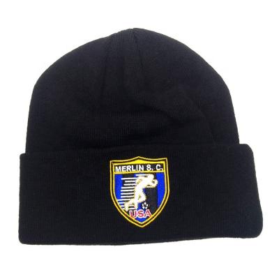 China Custom JOINT Logo Knit Beanie Hats 100% Embroidery Acrylic Black Beanie for sale