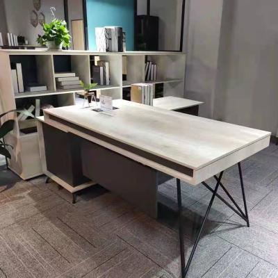 China Modern European Luxury Office Convertible L Industrial Chair Gray Wood Boss Shape Stainless Steel Executive Desk With Cabinet And Drawer for sale