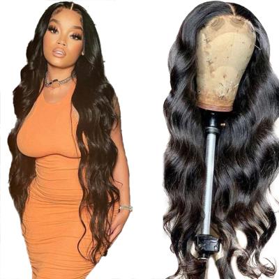 China Water Wave Wig 150 Density Silky Straight Closure Glueless 4x4 Peruvian Wigs For Sunlight Remy Pre Plucked Lace Wigs Color Women for sale