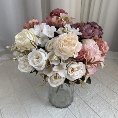 China Luxury Silk Home Decor Fake Flowers Centerpiece Artificial Flowers Ties Fake Peony Flower Arrangement Wedding Silk Centerpiece for sale