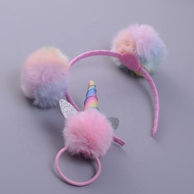 China Kids Headband Kids Pompom Headband Accessories Unicorn Furry Head Rope Baby Girl Headband Set for sale