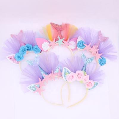 China New Cute Mermaid Design Glitter Mermaid Headwear Boys Girls Party Headbands Hair Hoop With Tulle Starfish for sale