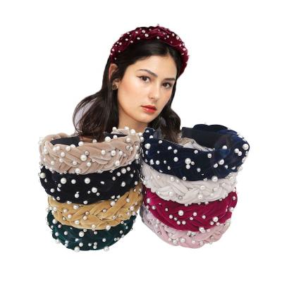 China Soft Pearl Bow Knotted Vintage Headband For Women Elastic Hair Hoops Hair Accessories for sale