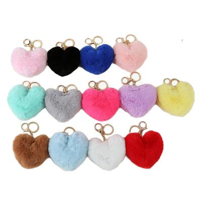 China Fluffy Fur Pom Poms Keychains Faux Rabbit Keychain Heart Shape Pompoms Key Chain Jewelry Gift For Valentine Day Gift for sale