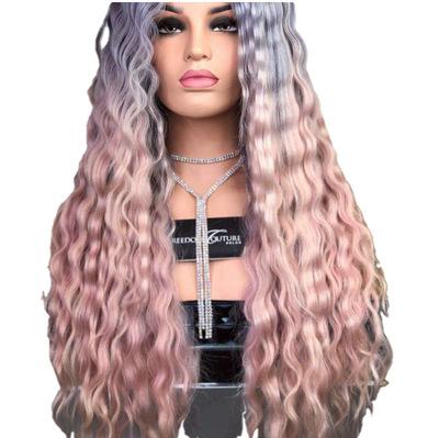 China European and American Big Wave Pink Women's Synthetic 80cm Long STRINGHT Women's Curly Wig Hair Seamless Wig for sale