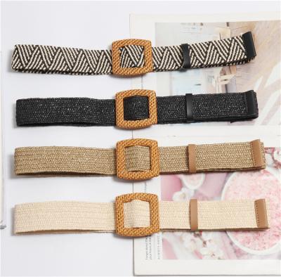 China Pants Female Square Wood Buckle Belts For Women Dress Straw Braided Woven Belt Ladies Wide for sale