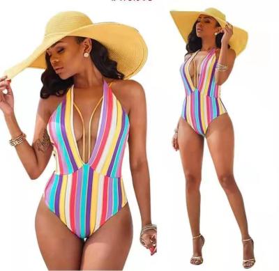 China V-Neck Beach Wear Women Anti-UV Colorful Rainbow Cut Out Striped Monokini One Piece Swimsuit Swimsuit Swimwear Bikini Swimwear for sale