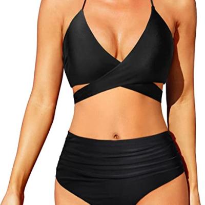 China Breathable Women Two Piece High Waisted Bikini Halter Swimsuit Tummy Control Crisscross Swimwear Push Up Swimwear for sale