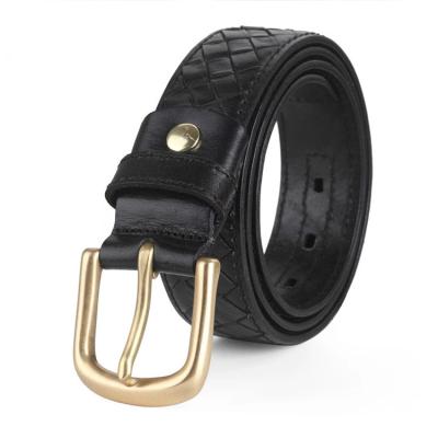 China 2021 high quality pure cowhide leather belt with brass buckle pure woven leather belt classic belt for men for sale