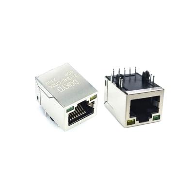 China PBT Polyester Single-port 21.1mm RJ45 Connector With 100Mb Transformer With Right Angle LED Tab Down for sale