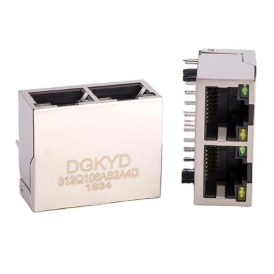 China PCB Metal Shielded 10P8C Cat6 RJ45 Dual Port Connector, 1000 BASE-TX, G/Y LED for sale