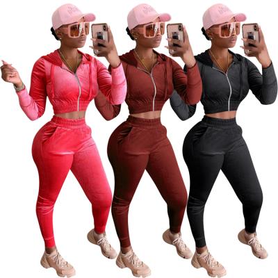 China Solid Color Sport New Arrival Anti-pilling Zipper Hoodie Top Fall Velvet Casual Crop 2 Piece Set Women Pants Two Piece Set for sale