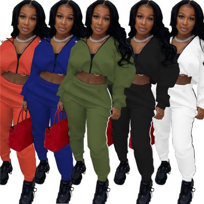 China 2021 Winter Women's Clothing Anti-Static 5 Colors Women's Clothing Zipper Jacket Crop Top And Jogger Pants 2 Piece Pants Set for sale