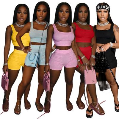 China MOEN Hot Sale Anti-Pilling Collar Jogger Solid Sleeveless Square Shorts Sets For Women Cute Two Piece Sets for sale