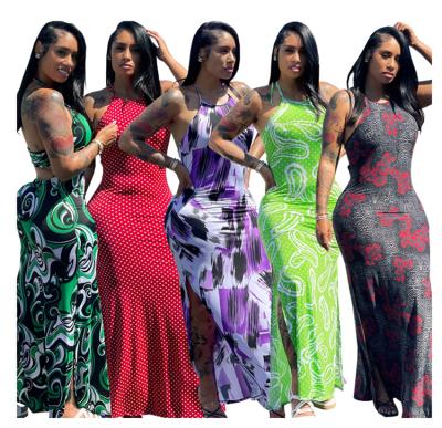 China MOEN Anti-Static Hot Sale Sun Halter Printed Backless Green Slit Maxi Dresses Women Summer Dresses 2021 for sale