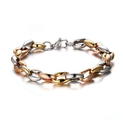 China 2020 Wholesale 316L Stainless Steel Coffee CLASSIC Bean Shaped 3 Mixed Colors Gold Bracelet For Women Men for sale