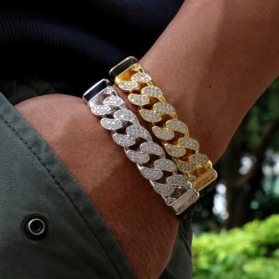 China Shiny Grade Zircons Iced Out Cuban Link Bracelet Chain Leather Bracelet For Men And Women for sale