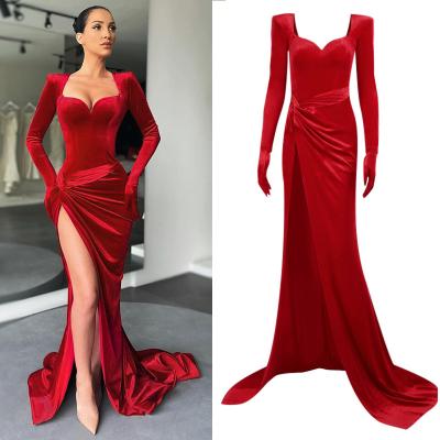 China Christmas Wedding Elegant Sexy Woman Evening Dresses Ladies Winter Velvet Women Long Dress Anti-static Red Party for sale