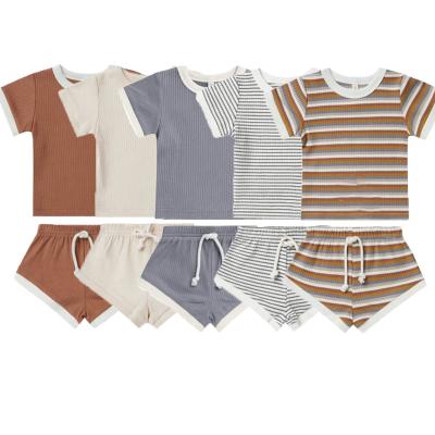 China Casual Wholesale Knit Cotton Striped Ribbed Summer Two Piece Sets Baby Boy Clothing Sets for sale