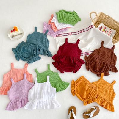 China Breathable No Moq Two Piece Summer Outfits Muslin Sets Toddler Sets Candy Color Babies Dressing Set for sale