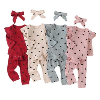 China Breathable RTS Ribbed Two Pieces Outfits Toddler Girl Clothes Sets Pink Baby Rompers Newborn Jumpsuits Sets Valentine's Day for sale