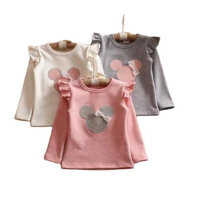 China Mouse Embroidery Tee Shirt Cotton Breathable Loose T-shirts Fall Winter Ruffle Long Sleeve Babies T-shirts for sale