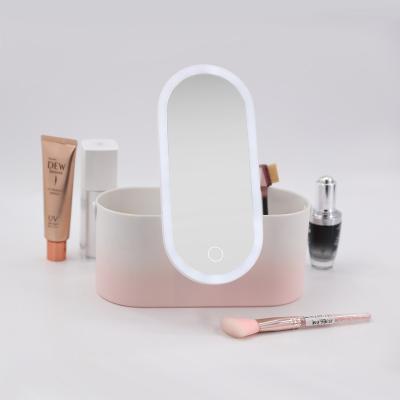 China Professional Multifunctional Lighted Cosmetic Storage Box Customized Colors Travel Mirror Oval LED Makeup Mirror for sale