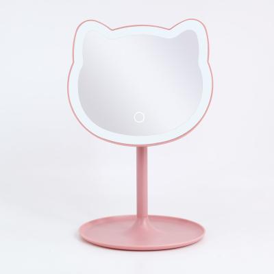 China New Shape Cat Adjustable LED Screen Lighted Cute Desktop Touch Around Tray Makeup Mirror With LED for sale