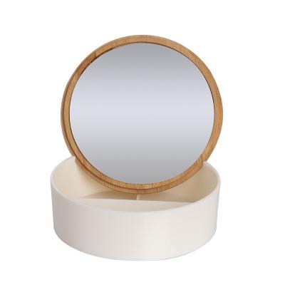 China Personalized Single Round Bamboo Material Cosmetic Mirror With 3 Compartment Storage Box for sale