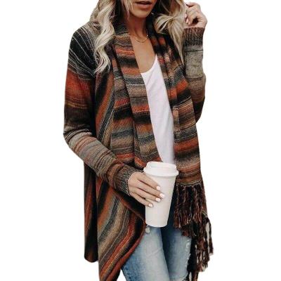 China Anti-Wrinkle HC 7 Colors New Design Long Sleeve Stripe With Tassel Loose Outerwear Coat Woman Knit Sweaters Knitting for sale