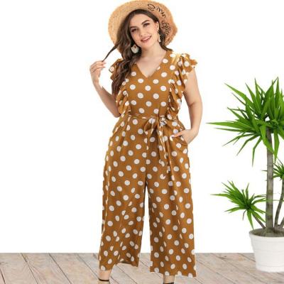 China HC Newest Fashion Lady Jumpsuit Polka Dot Bohemia Overalls Women's Washable V-Neck Long Sleeve High Waist Wide-Leg Pants Set for sale