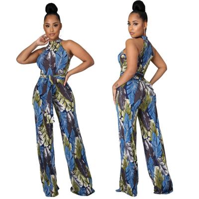 China Newest High Waist Chiffon High Waist Wide-Leg Pants Set Fashion Lady Jumpsuit Floral Overalls Women's Washable Print Belt Long Sleeve High Leg Pants Set for sale