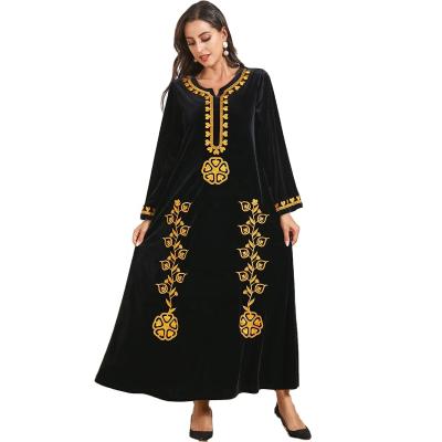 China Plus Size Anti-Wrinkle HC Women's Vintage Long Sleeve Dubai Embroidered Casual Muslim Abaya Velvet Robe Oversized Black Dress O Neck Muslim Abaya for sale