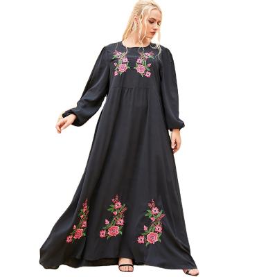 China Vintage Washable Plus Size HC Women's Embroidered Casual Muslim Abaya Dubai Long Sleeve Embroidery Oversize Black Dress O Neck for sale