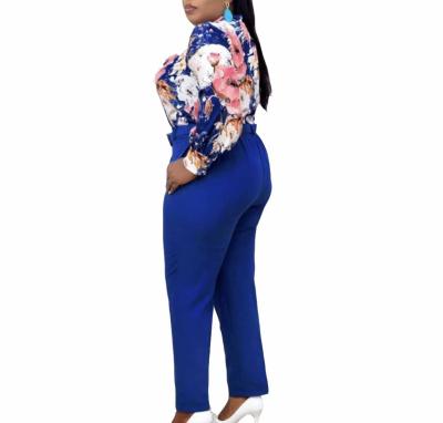 China Anti-pilling women's clothing European and American printing uppers summer two-piece set button belt pencil pants color blue two-piece long sleeve for sale