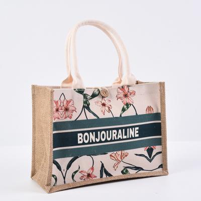 China Reusable Custom Printed Handled Cotton Burlap Tote Bag Wholesale Fancy Jute Eco Jute Handbag Woman Jute Handbag with Trim and Liner for sale