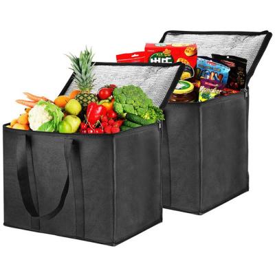 China Reusable Heavy Duty Insulated Black Zippered Reusable Thermal Bag Waterproof Grocery Bag Extra Large Tote Thermal Shopping Cooler Bag Delivery for sale