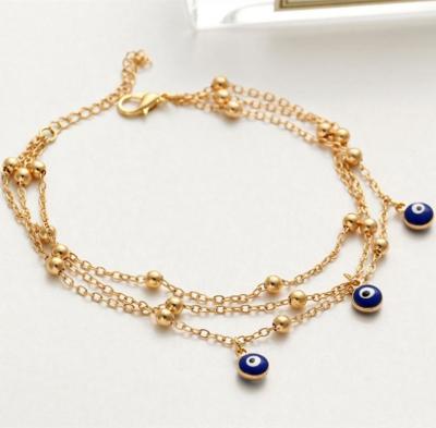 China Other Wholesale Fashion 2022 Turkey Evil Eyes Pearl Blue Eye Chain Three Layer Anklet Chain For Women for sale