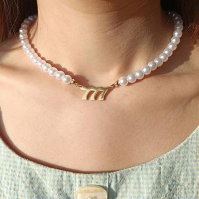 China New Trendy Fashion 18K Gold Plated Stainless Steel Number Necklace Pearl Angel Number Necklace For Women for sale