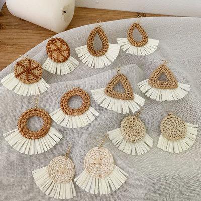 China Fashionable Eco-Friendly Straw Woven Drop Earrings Handmade Bamboo Weave Earrings For Women Jewelry Gift Drop Shipping for sale